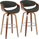 Curvini Bar Stool in Walnut Wood & Charcoal Fabric (Set of 2)